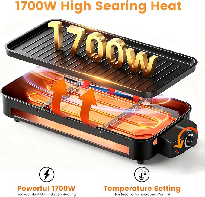 2 in 1 Electric Indoor Grill 1700W - YOHAWJAN Black Smokeless Indoor Grill Pan with Grilling Net & Non-Stick Removable Griddle Plate, Temperature Control Korean BBQ Grill for Kitchen with 3 Cheese Pan