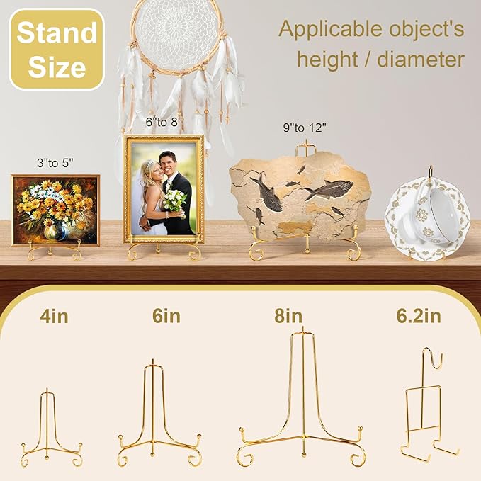 6 Pcs 3 Size Gold Plate Stands for Display, 4 6 8 Inch Plate Holder & 6 Cup and Saucer Display Stand for Displaying Picture Frames, Book, Card, Mug Organizer, Bowl, Decorative Plates, Tablet and Art