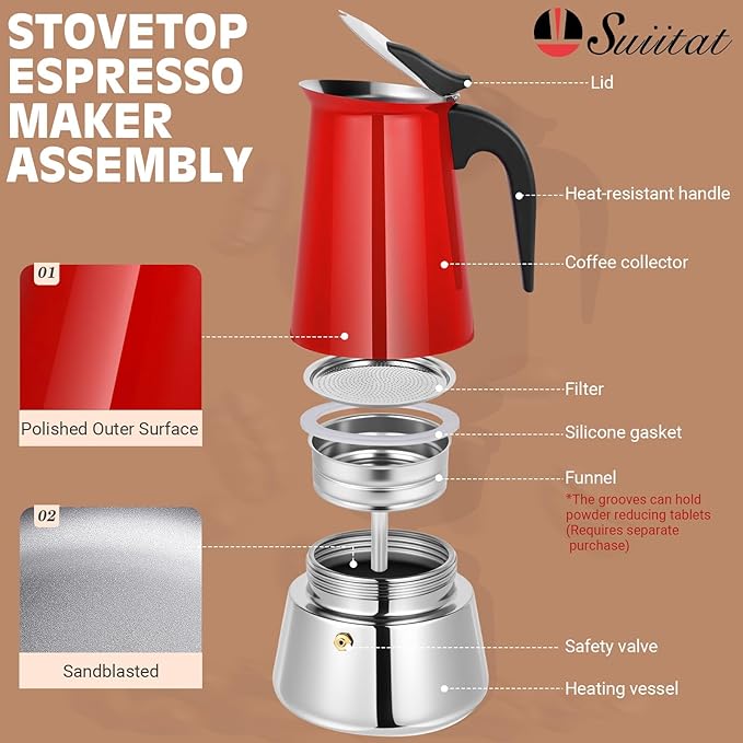 Moka Pot, 9 Cups (15.9 oz) Stovetop Espresso Maker, 304 Stainless Steel Moka Pot, Induction Compatible, Red