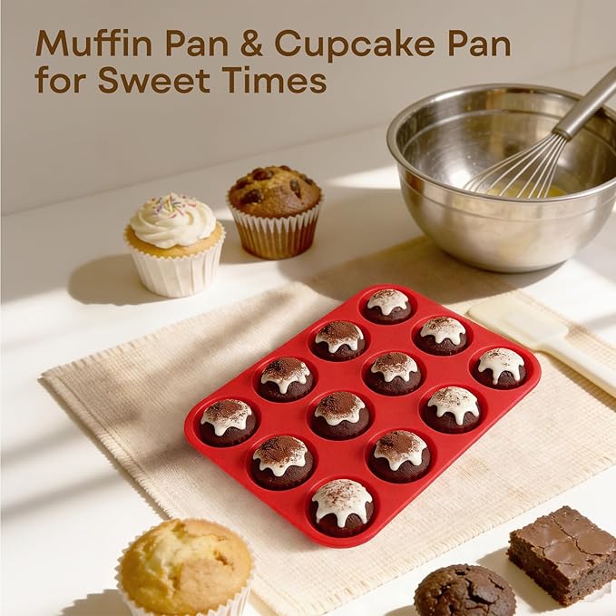 Silicone Muffin Pans for Baking Nonstick 2 Pcs, 12 Cup Regular Cupcake Pan, Food-Grade Silicone Baking Molds for Cupcakes, Egg Bites, Freezer, Red