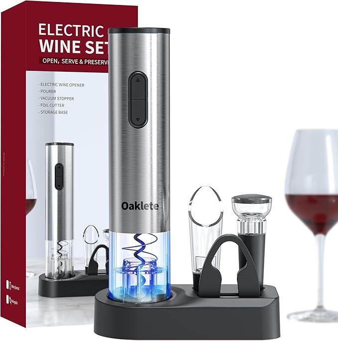 5-in-1 Electric Wine Opener Set Automatic Wine Opener Battery Operated Wine Bottle Opener with Wine Stopper, Wine Pour, Foil Cutter, Storage Base, Gift For Wine Lovers（Stainless Steel ）
