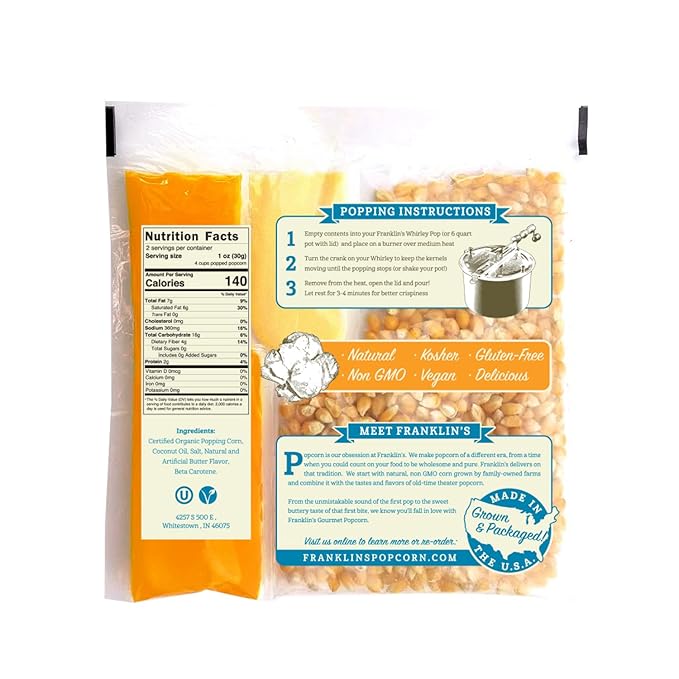 Franklin’s Gourmet Popcorn All-In-One Pre-Measured Packs - 4oz. Pack of 10 - Butter Flavored Coconut Oil + Butter Salt Popcorn Seasoning + Organic Corn - Authentic Movie Theater Taste – Made in USA
