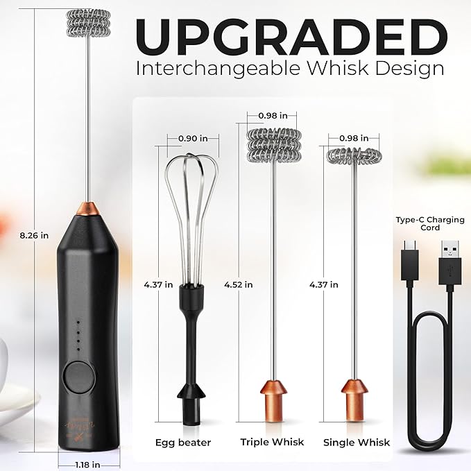 Zulay Kitchen Rechargeable Milk Frother - Dynamic - 3 Speeds, 3 Whisk Attachments, 500 mAh USB Charging, Drink Mixer For Latte, Cappuccino, Matcha, Protein Powder, Coffee Foam - Black Copper