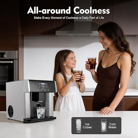 2-in-1 Nugget Ice Maker & Cold Water Dispenser, Portable Countertop Ice Maker Dispenser with LCD Display Self-Cleaning Mode, Touch Control 8-12mins Electric Ice Dispenser for Home, Office