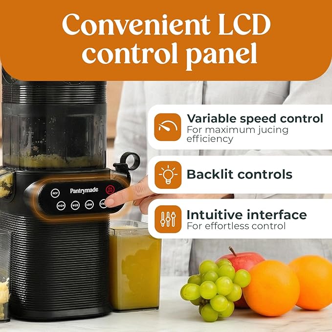 Pantrymade Juicer Machines, Cold Press Juicer for Whole Fruits and Vegetables, Slow Masticating for High Juice Yield, 5.5" Large Feed Chute, Easy to Clean, BPA Free, Powerful Brushless Motor, Black