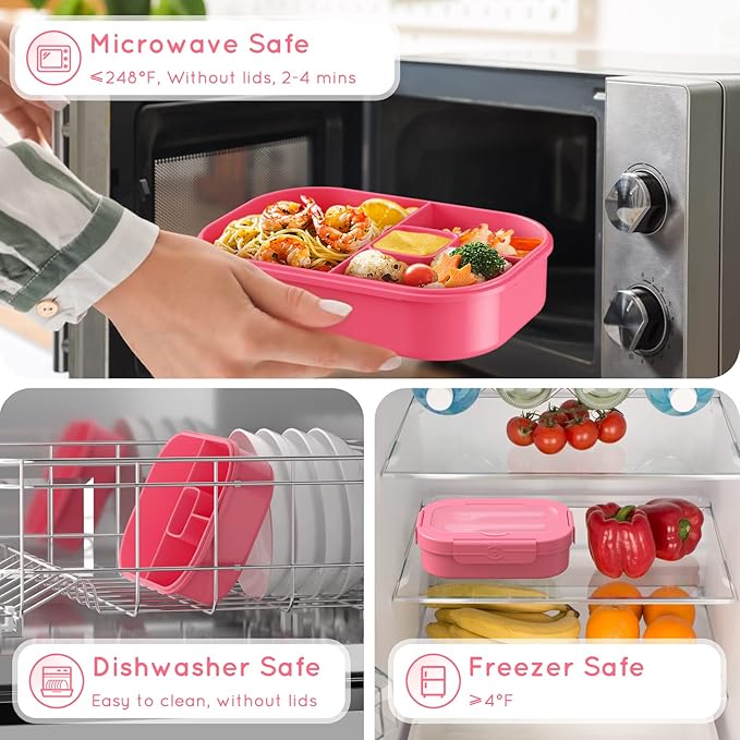 Bento Box, 44oz 4 Compartment Lunch Container with Cutlery for Kid/Adult/Toddler, Leak Proof, Microwave/Dishwasher/Refrigerator Safe, BPA Free (Pink)