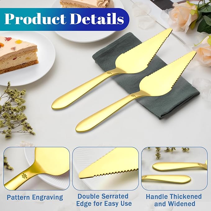 Eisinly Cake Pie Server Set for Wedding, Elegant Pizza Slicer Server Set with Stainless Steel Big Serrated Edges, Cake Cutter Pie Spatula for Birthday Anniversary, 2 Pcs, Gold