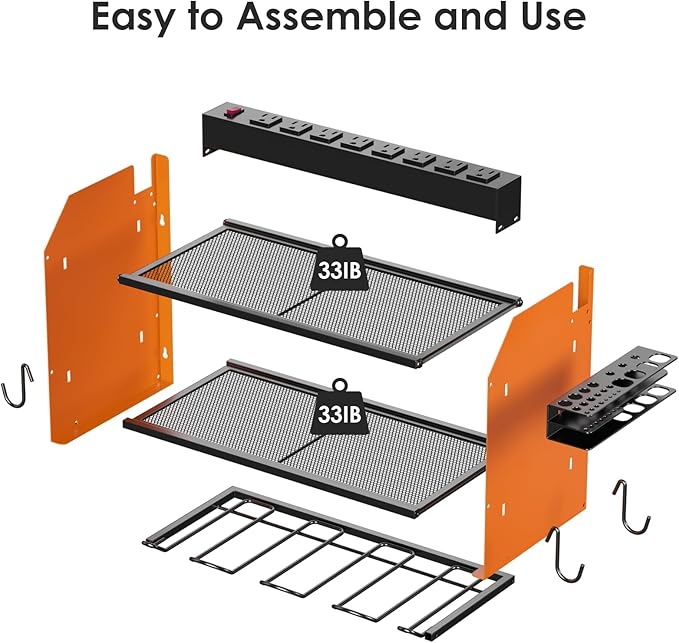 CCCEI Modular Power Tool Organizer Wall Mount with Charging Station. Garage Drill Storage Shelf with Hooks, Heavy Duty Rack, Tool Battery Holder Built in 8 Outlet. Gift for Men. Orange, 1 Pack.