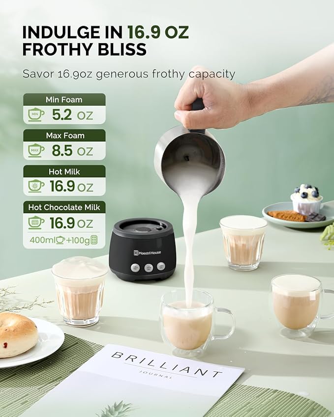 Maestri House Milk Frother, 4-in-1 Electric Milk Steamer and Frother, 16.9OZ 600W Smart Touch Control Hot and Cold Foam Maker, Memory Function for Latte, Cappuccinos, Warm Milk, Hot Chocolate Milk