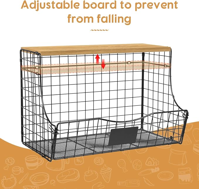 3 Pack Extra Large Fruit Basket for Kitchen with Wood Lid Nameplate - Counter&Wall Mounted Onion and Potato Storage Bin, Stackable Metal Hanging Wire Baskets,15.74 * 8.66 * 10.63 inch