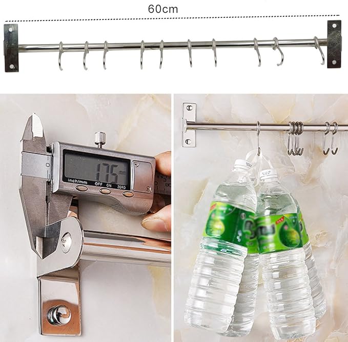 Kitchen Sliding Hooks, Stainless Steel Hanging Rack Rail Organize Kitchen Utensil Removable S Hook for Towel, Spoon, Coats, Bathrobe, BBQ,Wall Mounted Hanger (10 Hooks 23.6In)