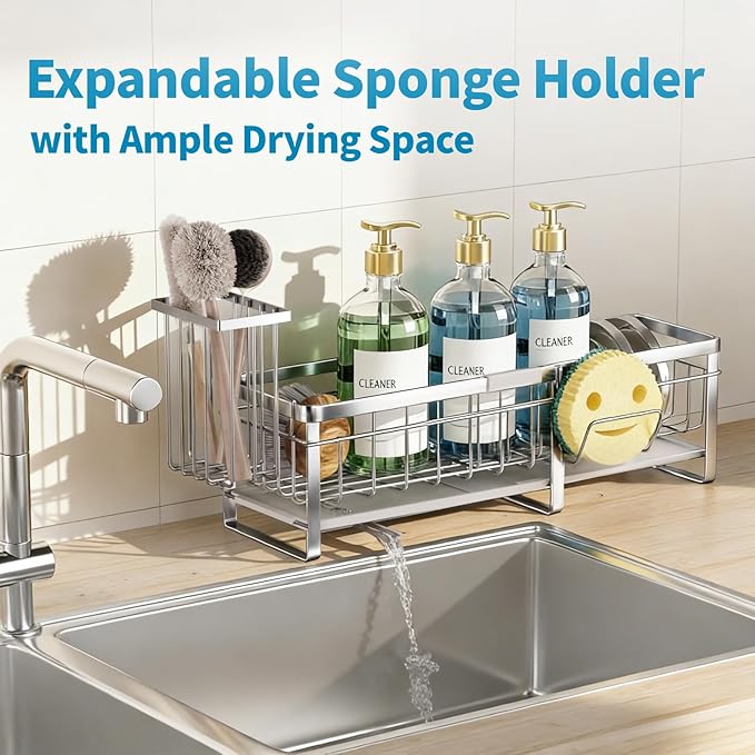 Extra Large Extendable Sponge Holder for Kitchen Sink, Rustproof Sink Caddy Organizer with High Brush Holder, Dish Soap Dispenser Organizers and Storage (Stainless Steel)