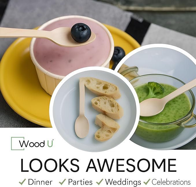 Disposable Wooden Spoons by WoodU | 100% All-Natural, Eco-Friendly, Biodegradable, and Compostable - Pack of 200-6.5" Spoon