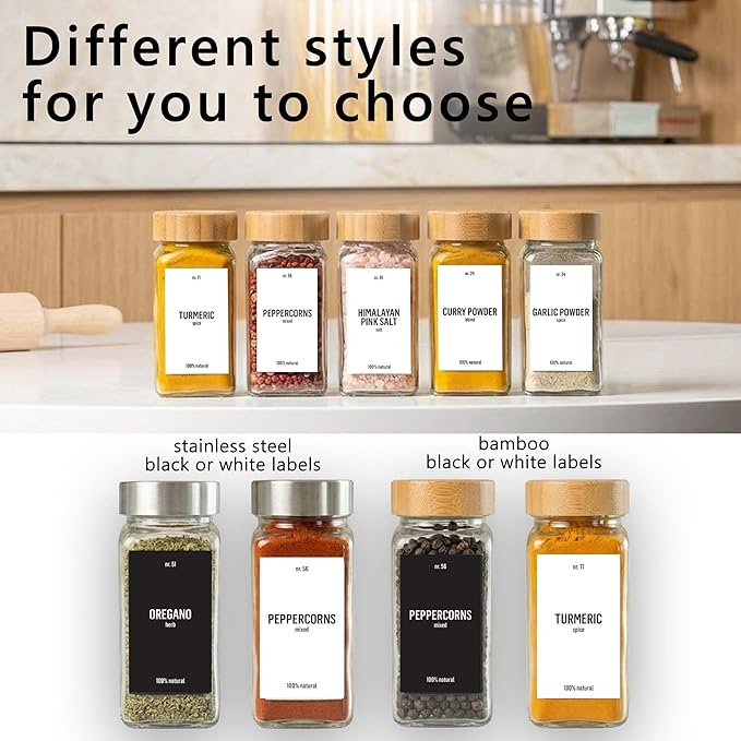 Deco haus Glass Spice Jars with White Label and Bamboo Lid 24x4oz [LABELS incl] Spice Containers with Labels, Shaker Lids & Funnel - Empty Herb Seasoning Containers, Small Seasoning Bottles for Her