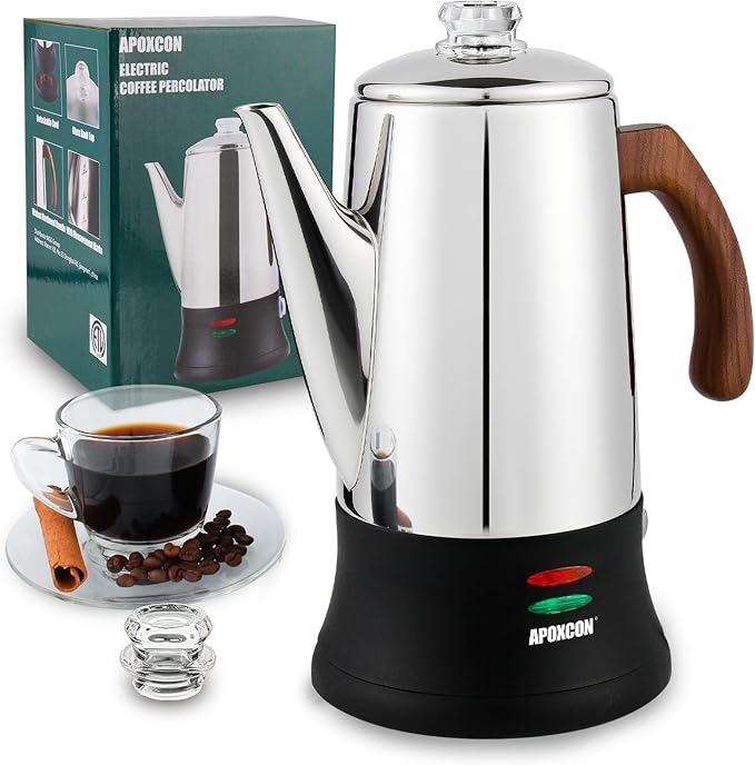 APOXCON Electric Coffee Percolator Stainless Steel Coffee Maker with Two Heat Resistant Glass Knob & Treated Solid Wood Handle Keep Warm Cordless Serve Elegant Design Coffee Pot On/OFF Switch 8 Cup