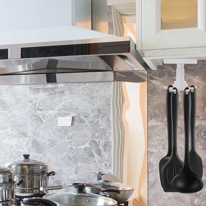 Baluue 2pcs Wall Mounted Kitchen Utensil Hooks with Strong Adhesive, 6-Claw Rotating Non-Punch Storage Hangers Under Cabinet Hanging and Multi-use Kitchen Organization