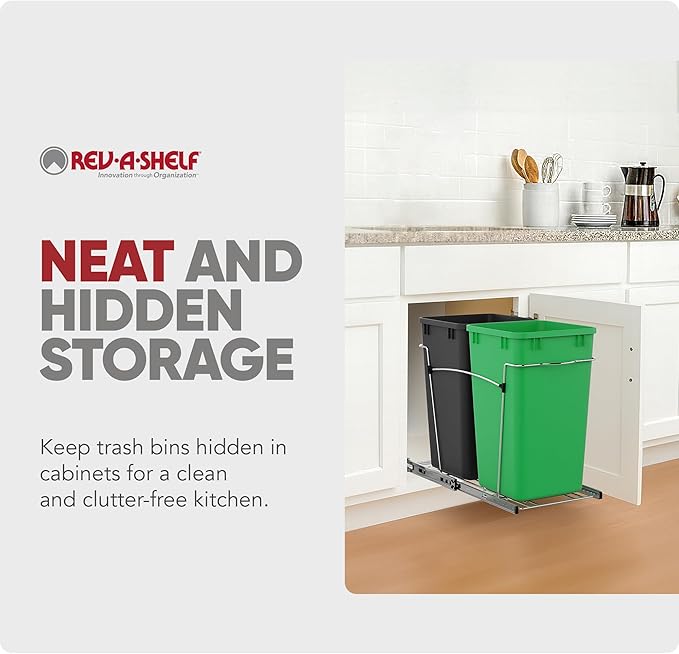 Rev-A-Shelf Pullout Trash Can for Kitchen Cabinets 27 Qt Garbage Recycling Bin with Full Extension Slide, Green/Black, RV-15KD-1918C-S