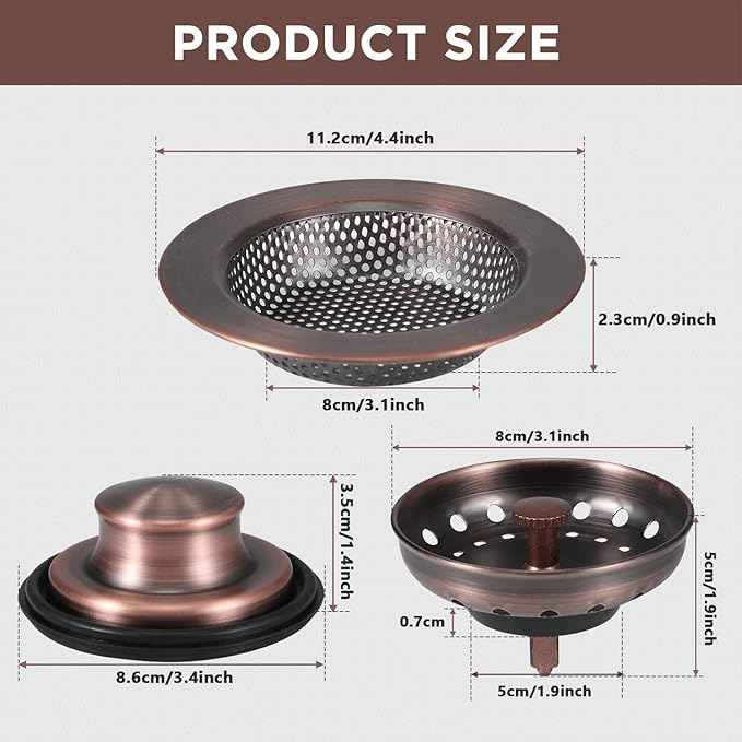 Mudder 3 Pcs Kitchen Sink Drain Strainer and Stopper Stainless Steel Garbage Disposal Plug with Handle Universal Anti-Clogging Kitchen Sink Filter Sieve Basket Strainer(Antique Copper)