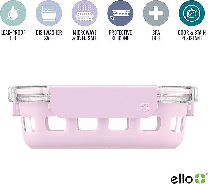 Ello Duraglass Meal Prep Container- Glass Food Storage Container with Silicone Sleeve and Airtight BPA-Free Plastic Lid, Dishwasher, Microwave, and Freezer Safe