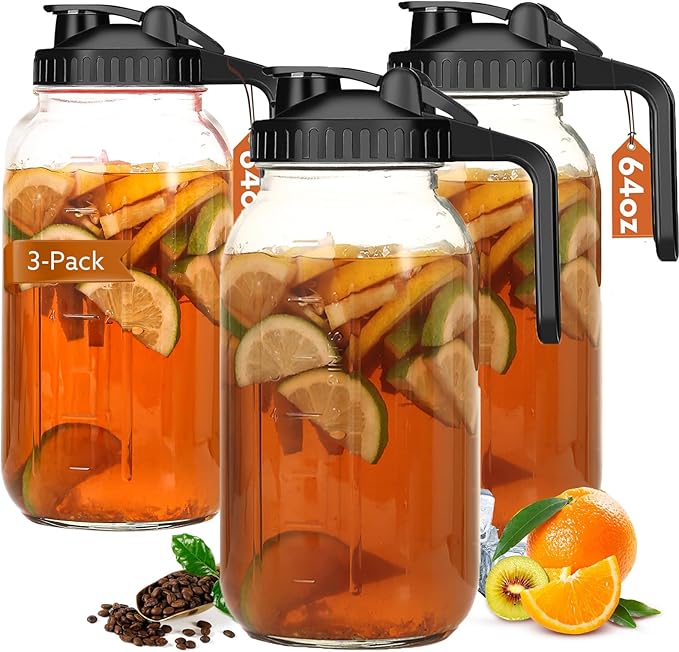 Mihlapi Glass Pitcher with Lid, 64 OZ Mason Jar Pitcher Double Leak Proof, 2 Quart Breast Milk Storage Containers for Fridge, Wide Mouth Glass Jar for Sun Tea, Juice, Cold Brew Coffee