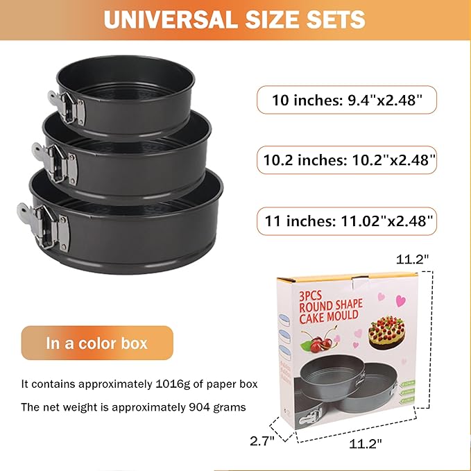 Springform Cake Pan, Cake Pan with 3 Different Size (9.5,10.2,11inch), Cake Molds for Baking with Removable Bottom, Non-Stick Bakeware for Effortless Baking（with 50 Pcs Parchment Paper Liners）