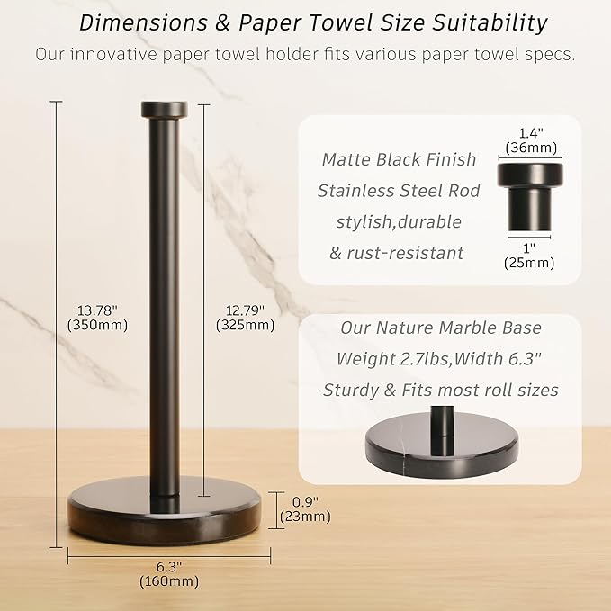Paper Towel Holder Countertop, Heavy Weighted Black Marble Paper Towels Holder for Kitchen Counter, Modern Standing Papertowel Roll Holders(Matte Black Stainless Steel Bar, Black Natural Marble Base)