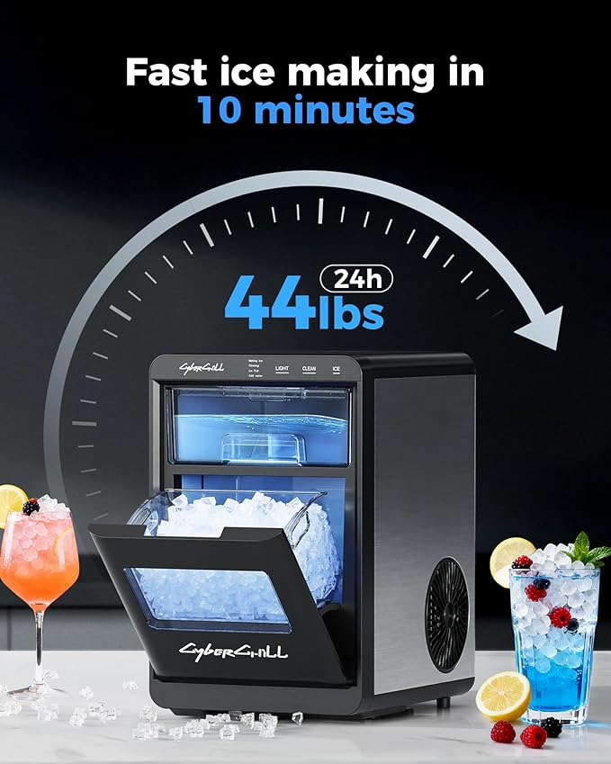 CyberChill Nugget Ice Maker Countertop 44lbs Per Day Pebble Sonic Ice Makers Machine Chewable Pellet Ice with Self-Cleaning Removable Water Tank See Through Window for Home/Kitchen/Office