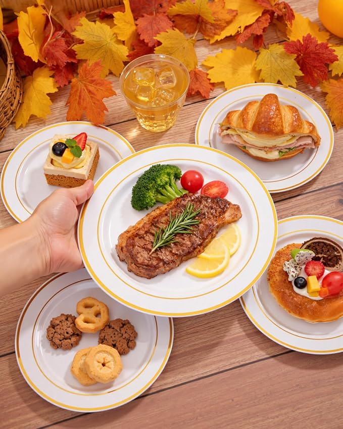 bUCLA 300PCS Gold Disposable Dinnerware Set - White and Gold Plastic Plates - Include 50 Each (Dinner&Dessert) Plates,50 Knives,50 Forks,50 Spoons,50 Cups for Party & Thanksgiving Table Decor