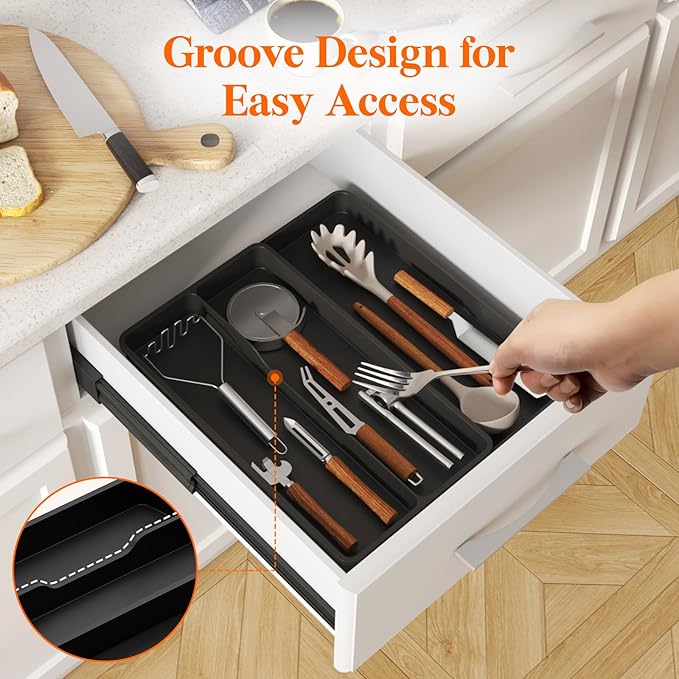 Lifewit Utensil Organizer for Kitchen Drawer, Expandable Cooking Silverware Tray, Adjustable Cutlery Flatware Holder, Plastic Spatula Tools Storage Divider, 14.4 x 15.8", Black