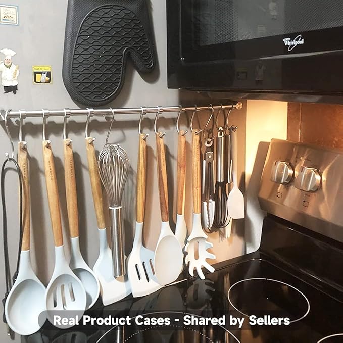 Kitchen Hanging Rack, 20 Inch Wall-Mounted Pot Holder with 10 Quiet Sliding Hooks, Rail Organizer Utensil Holder Bar for Cooking Spatulas Cups, Made of 304 Stainless Steel. (Silver)