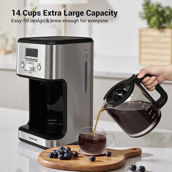 Gevi 14-Cup Programmable Coffee Maker, Drip Coffee Machine with Normal & Strong Brew for Home and Office, Glass Carafe, 2-Hour Keep Warm, Pause & Serve, Auto Shut Off, Silver