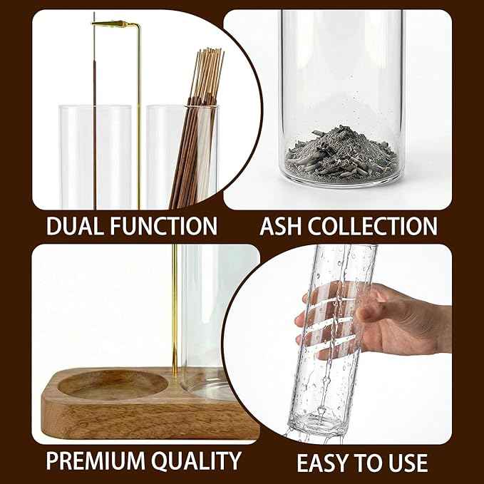 Ceremony Incense Holder, 2 in 1 Wooden Incense Holder for Sticks with 20 Incense Sticks, Anti-ash Incense Burner with Glass Ash Catcher, Wood Incense Holder 20 Stick (2 Glass Rectangle Base)