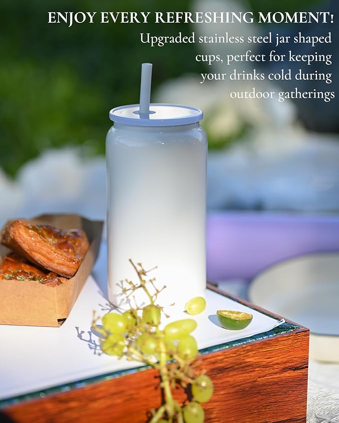6 Pack Glass Cups with Lids and Straws, 16oz Stainless Steel Sublimation Tumbler, Beer and Iced Coffee Cups, Smoothie Cup for Whiskey, Soda, Tea, Water