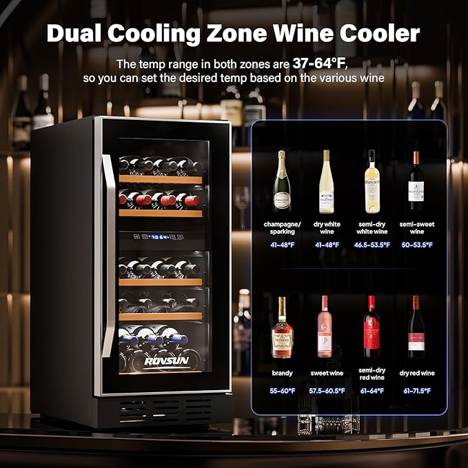 ROVSUN 26 Bottle Wine Fridge, Dual Zone Wine & Beverage Refrigerator w/Independent Temp & LED Control Panel, Built-in/Freestanding/Under Counter Wine Cooler Chiller for Red White Wine/Champagne/Beer