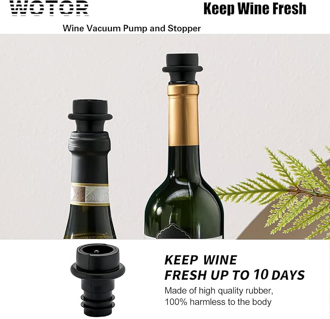 WOTOR Wine Saver Vacuum Pump with 8 Stoppers, Wine Stopper & Preserver, Reusable Bottle Sealer Keeps Fresh, Ideal Accessories Gift (Flat Handle)