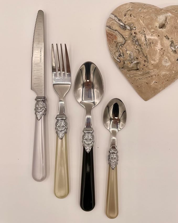 The Original Brink House Glam Mix & Match Stainless Steel Cutlery Set with Assorted Baroque Handles / 16 pieces with Metal Stand, Lifestyle utensils set for home, first apartment, dorm, dinner parties