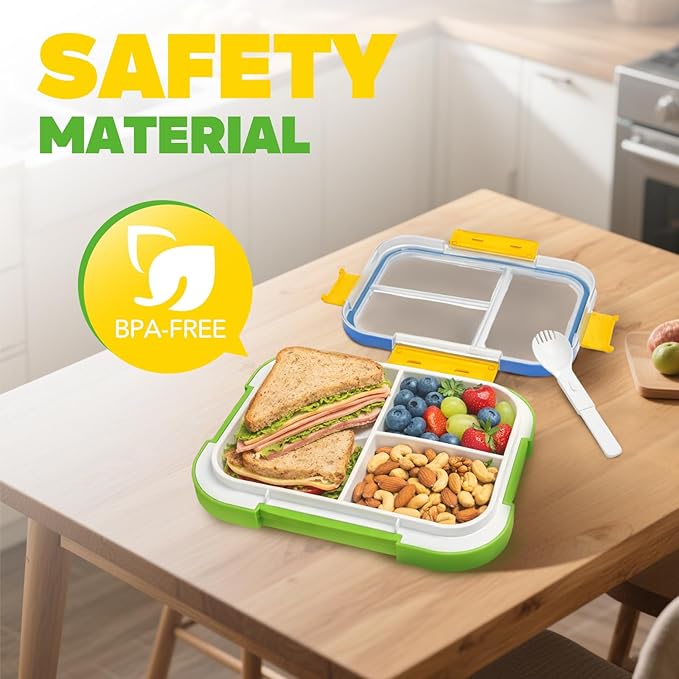 EASYFUN Bento Box Adult, Lunch Box, 3-Compartment Lunch Containers, Drop-Proof, Dishwasher Safe & Made with BPA-Free Materials (Blue green)