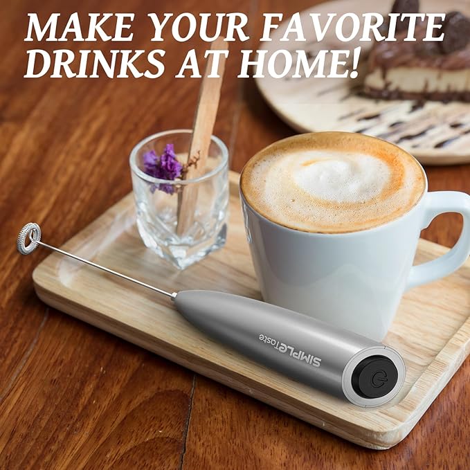 SIMPLETASTE Milk Frother Handheld Electric Foam Maker, Drink Mixer with Stainless Steel Whisk for Cappuccino, Bulletproof Coffee, Latte, Silver, without Stand, Battery Operated