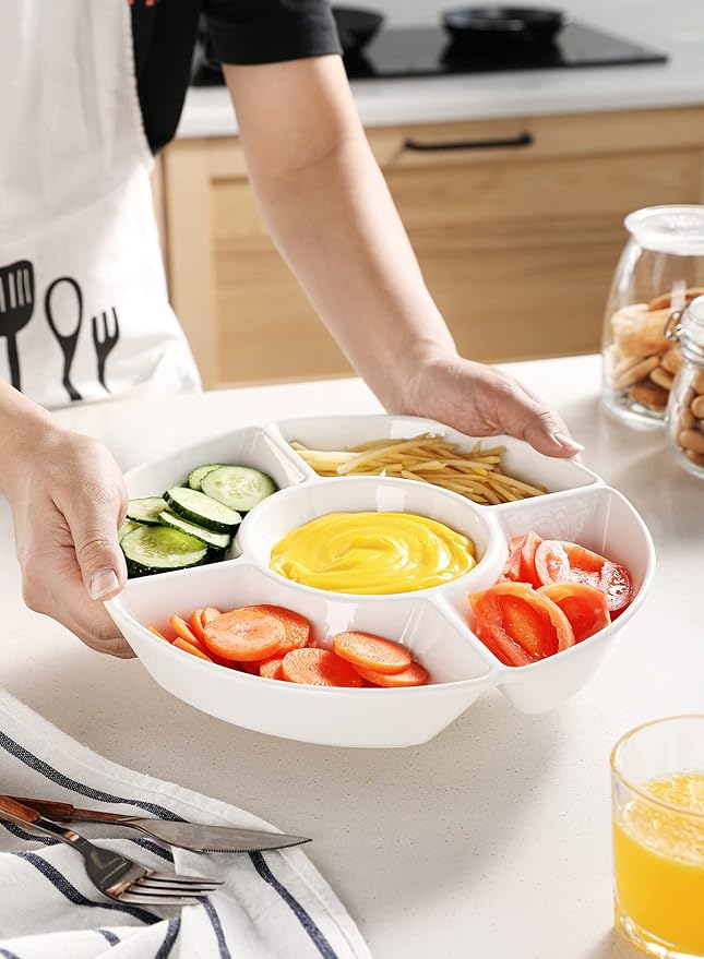 Sweese Porcelain Chip & Dip Serving Set - Divided Platter with 5 Compartments, Relish Tray for Snacks, Veggies, Candy - Durable, Microwave & Dishwasher Friendly - Elegant White Design for Parties