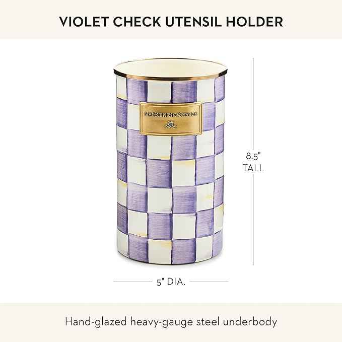 MACKENZIE-CHILDS Enamel Utensil Holder, Stylish Kitchen Countertop Organizer, Purple-and-White Violet Check