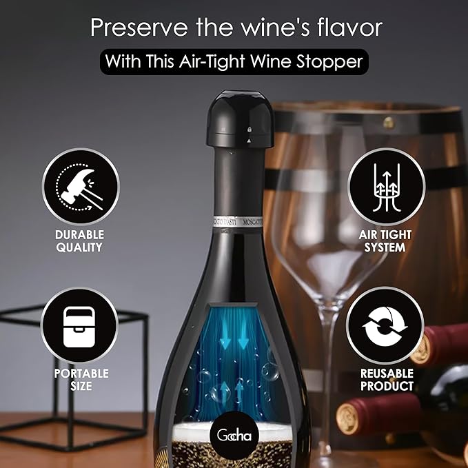 GOCHA | Vacuum Champagne Preserver | Premium Built-in Vacuum Seal | Universal Bottle Stopper | 1.5 inch Silicone Twist Top | Reusable, Leak Proof Cork | (Pack of 1)
