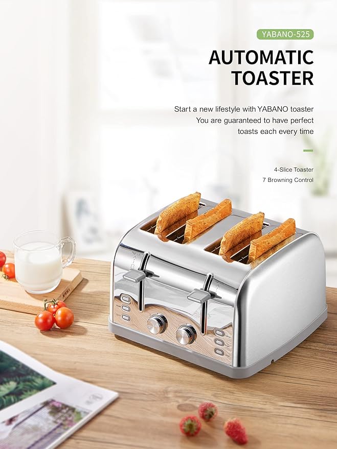 Toaster 4 Slice, Extra Wide Slots, Stainless Steel with High Lift Lever, Bagel and Muffin Function, Removal Crumb Tray, 7-Shade Settings with Warming Rack, Silver, Yabano