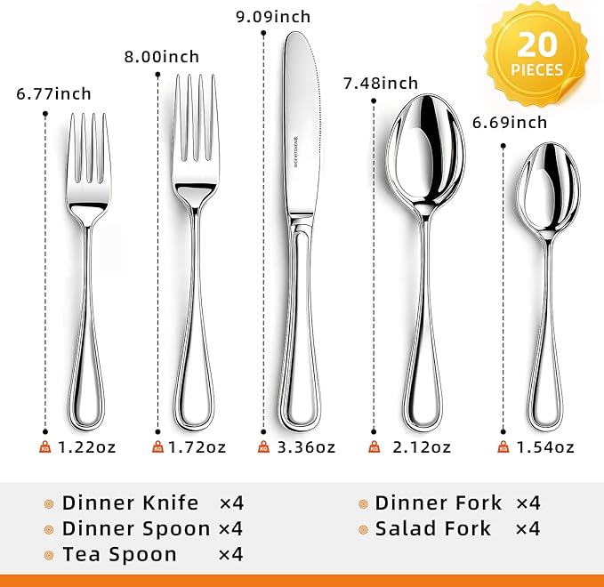 NICE KITCHEN Silverware set for 4,20 Pieces Premium Stainless Steel Silverware set,Mirror Polished Cutlery Set,Flatware Set for 4,Dishwasher Safe,Luster Series