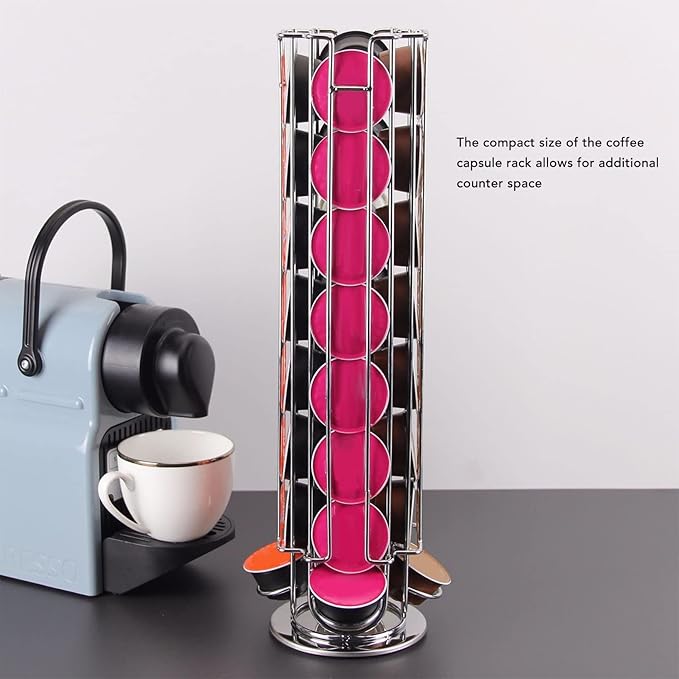 Turntable Coffee Capsule Rack, Sturdy Iron Coffee Pod Holder Stand, Elegant Pods Carousel Storage Rack for 28 Capsules Storage