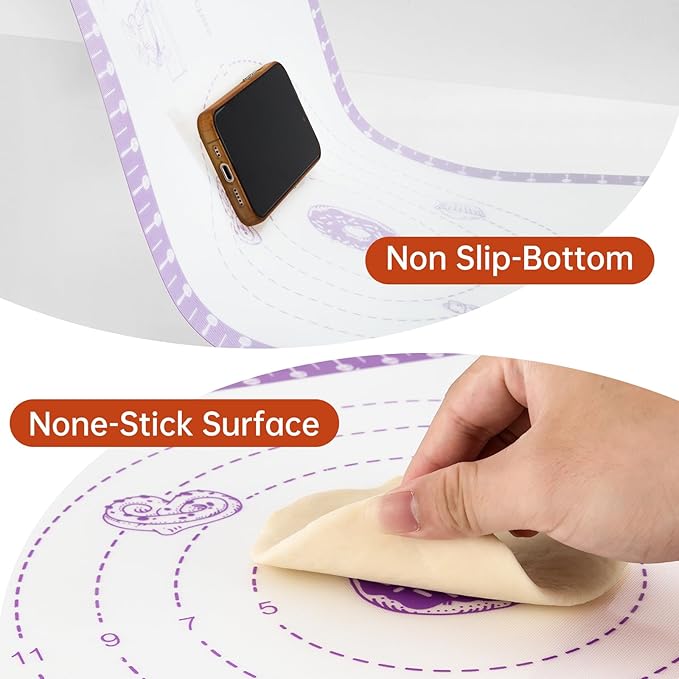 Silicone Pastry Mat with 10 Useful Recipes, Silicone Baking Mat for Dough Rolling,Bread, Cookie, Macaron, Pizza, Surdough, Non Slip Silcone Mat for Counter, Baking Suppliers Essential