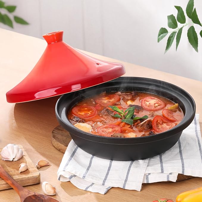 Moroccan Tagine for Cooking: Enameled Cast Iron Cooking Pot, Slow Cooker, Classic Kitchen Cookware, Tajine with Ceramic Cone-Shaped Closed Lid, 3.3 QT, Orange