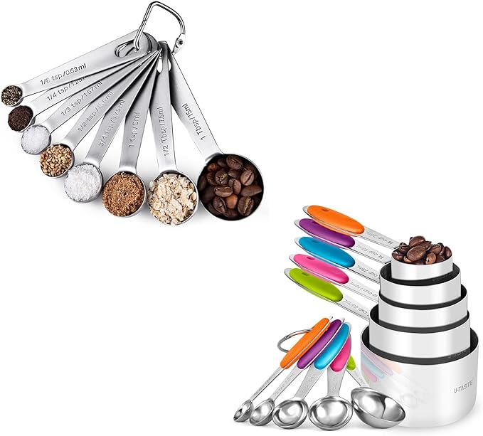 U-Taste 18/8 Stainless Steel Measuring Spoons Set for Dry and Liquid Ingredients(Set of 8), and Upgraded Measuring Cups and Spoons Set of 10 with Reinforced Welded Handle (Color)