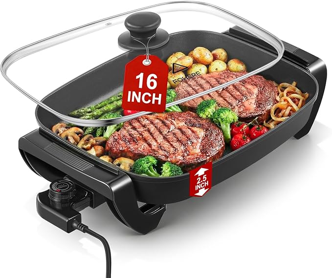 FOHERE 16-Inch Electric Skillet with Glass Cover, 1500W Rapid Heat, Adjustable Temperature, Multi-Purpose Electric Skillet Fried Chicken, Perfect For Family Gathering Cooking