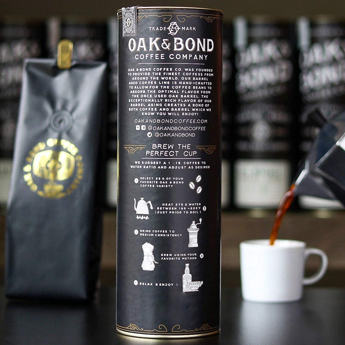 Rye Whiskey Barrel Aged Coffee, Costa Rica Single Origin Small Family Farm Whole Coffee Bean, Medium Roast w/Flavor Notes of Cocoa, Almond, Sweet Rye, Green Apple by Oak & Bond Coffee Co. – 10oz.