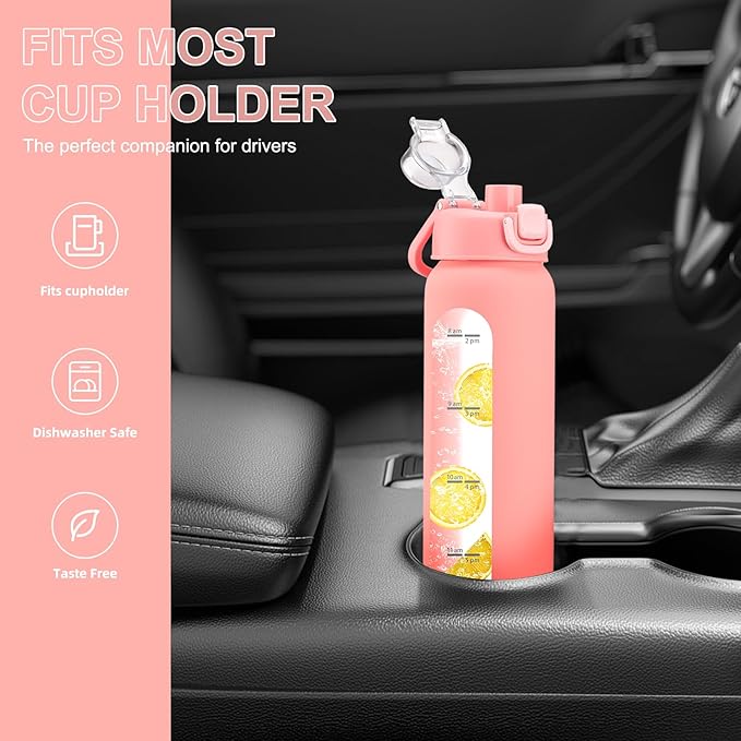 chunmo 24 oz Glass Water Bottles with 2 Lids-Handle Spout Lid & Straw Lid, Motivational Water Bottle with Time Marker and Silicone Sleeve,Leakproof-Pink-1 Pack